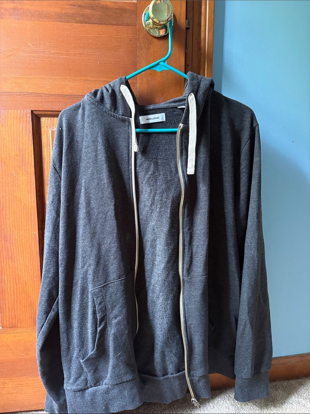 Jack & Jones Dark Charcoal Zip-Up Hoodie with Contrast Drawstrings